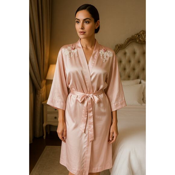 Vintage Intimate Concepts by Terry Russo Pink Floral Lace Applique Satin Robe - Picture 1 of 12